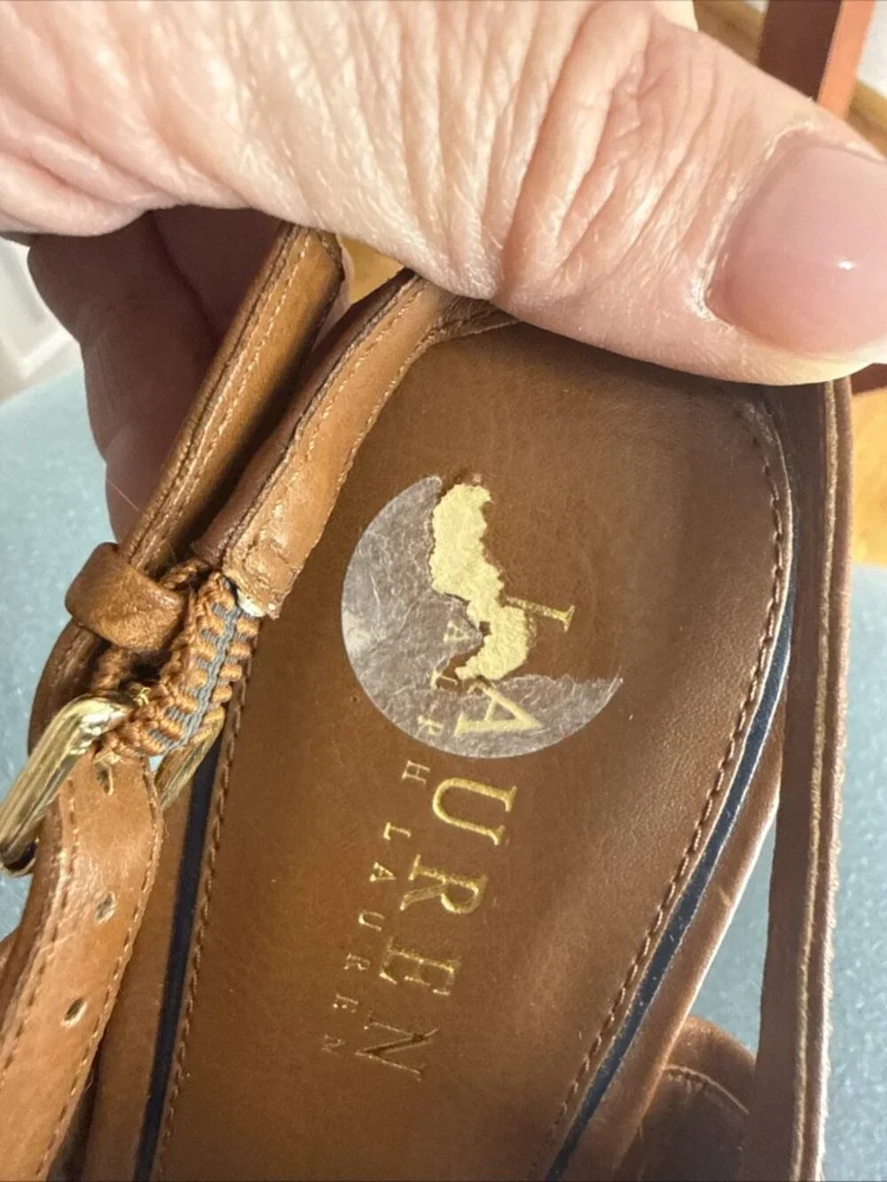 Lauren Ralph Lauren Stap Back Sandle With 2” Heel Navy & Brown Leather 9.5B